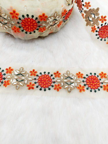 Off White Tissue Fabric Lace with Silver Gota Patti Embroidery, Foiled Embroidery in Silver, Sari Border Trim By Yard Decorative Craft Lace